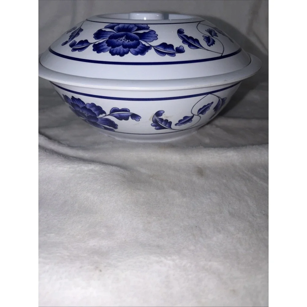 Thunder Group Tar Hong 8010 BL Melamine Serving Bowl Lid Blue White Floral EUC
